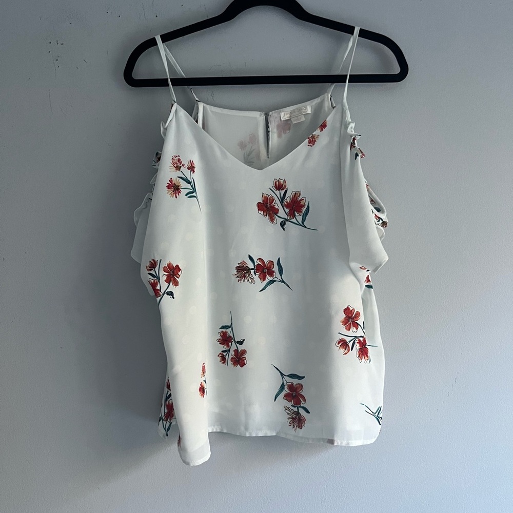 Finn & Grace Cream Floral Cami Top Ruffle Cold Shoulder Adjustable Straps